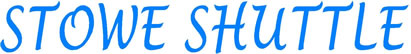 Stowe Shuttle logo, lettering overlaid a snow covered van